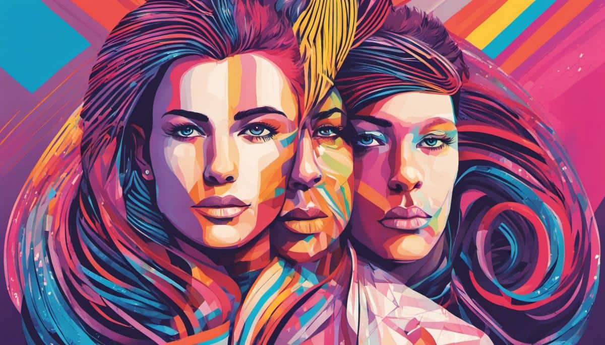 Illustration depicting the concept of bi-erasure, with colorful lines intersecting and merging, symbolizing the erasure of a bisexual identity.
